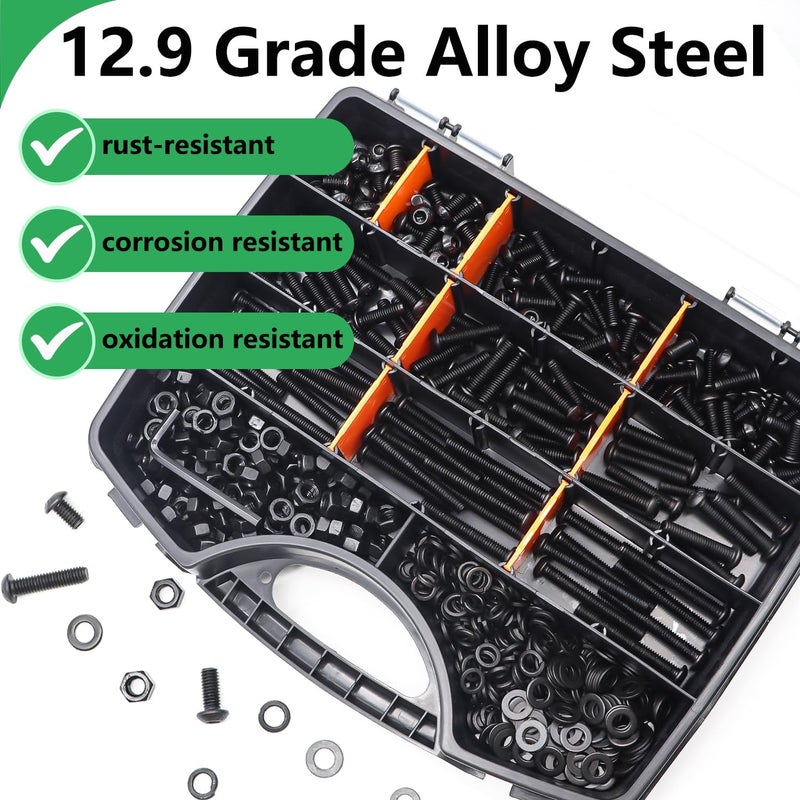 Twidec /633PCS M6 Bolt Assortment Kit 12.9 Grade M6x10/12/14/16/20/25/30/35/40/45mm Button Head Hex Socket Cap Screws Metric Bolts Nuts Washer Assortment Kit Black Alloy Steel N-103-633PCS - Image 4